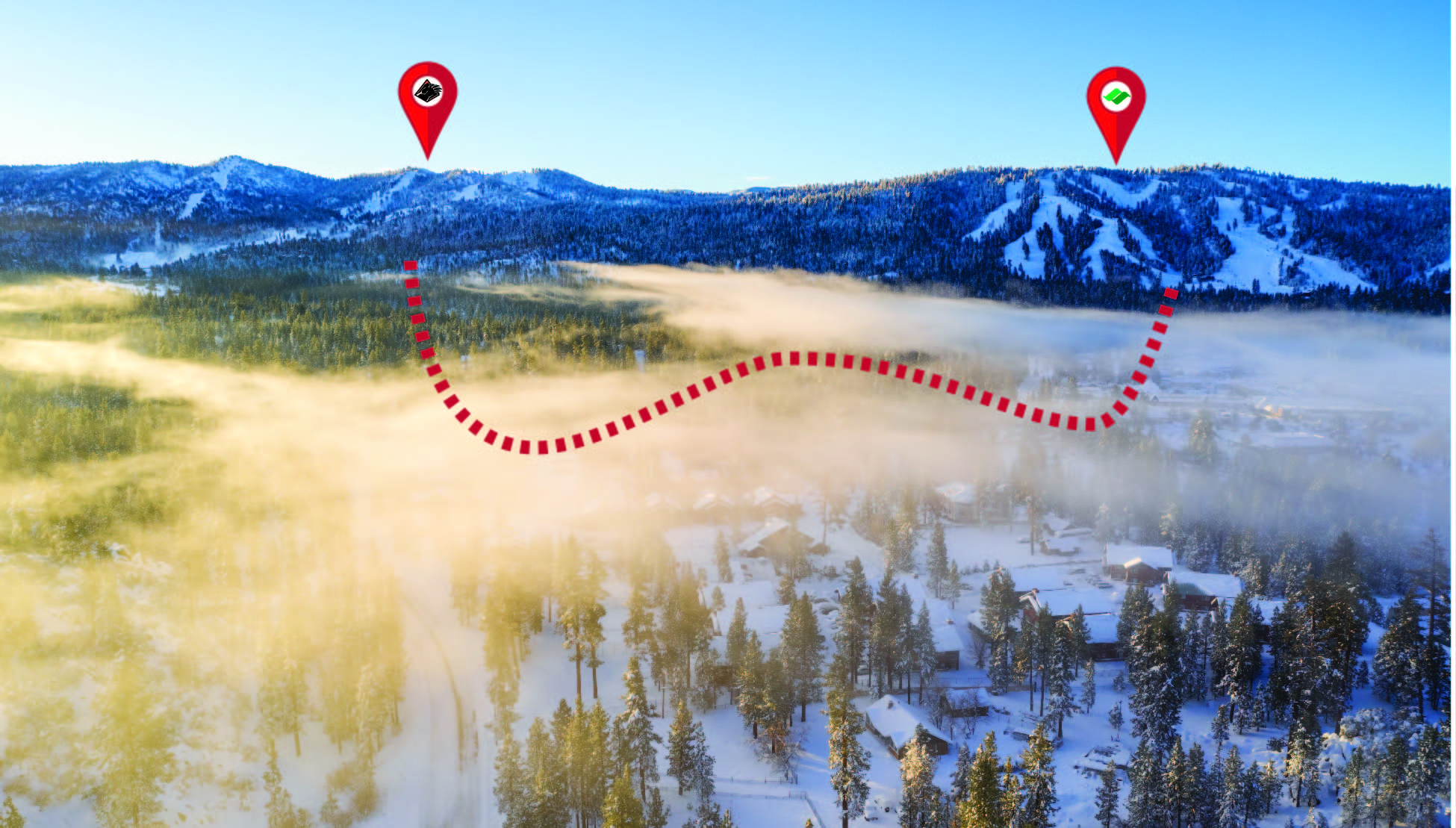 Big Bear Mountain Resort with Snow Summit and Bear Mountain logo and red dotted lines
